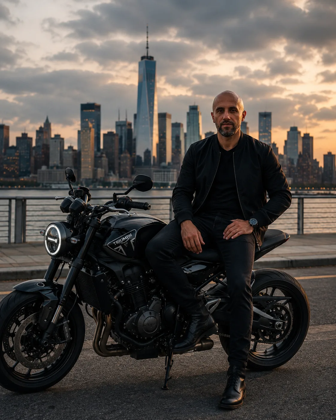 Photo of the RBAIO creator on a motorcycle at sunset.