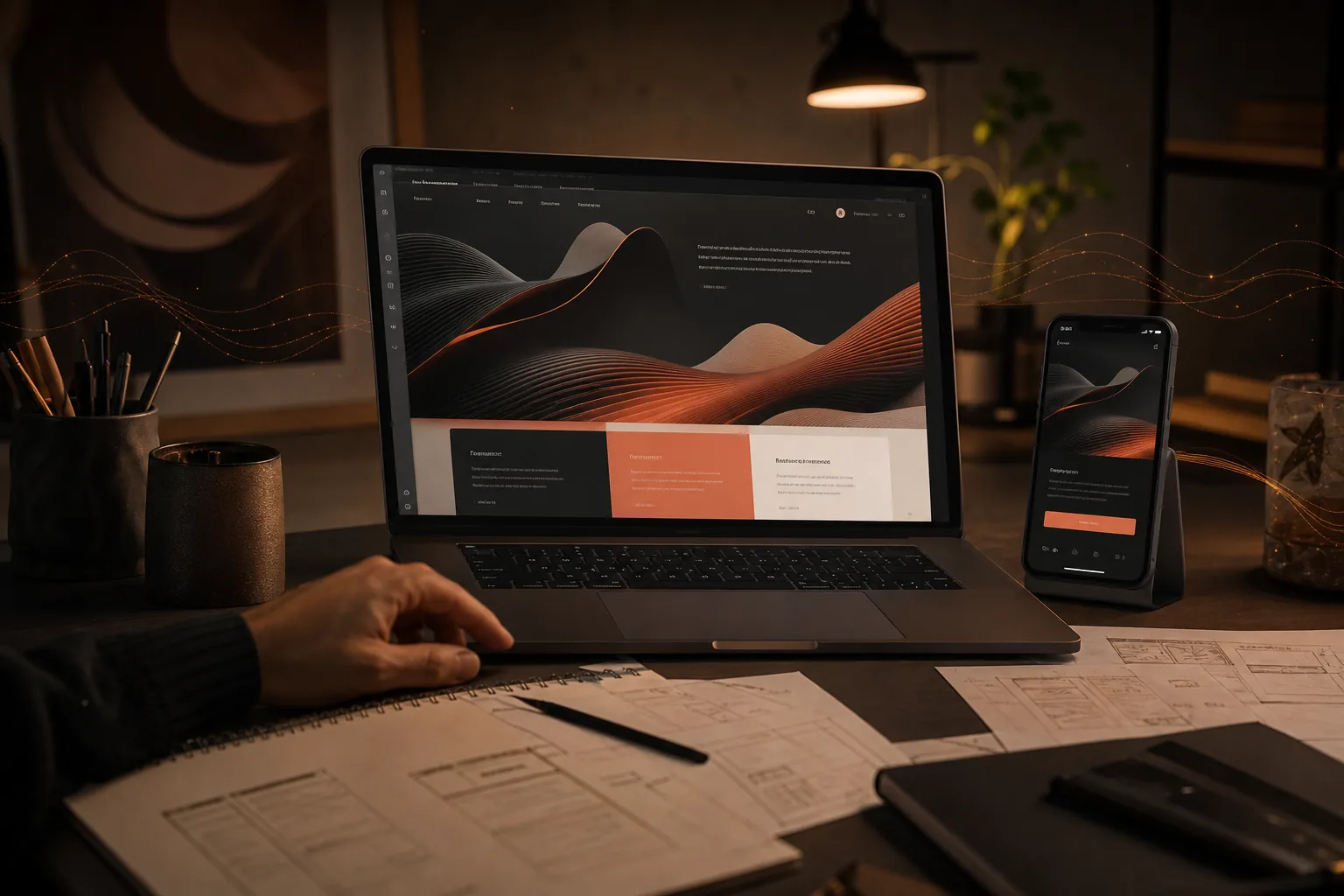 Warm digital project work scene with a laptop website design, mobile preview and process sketches.