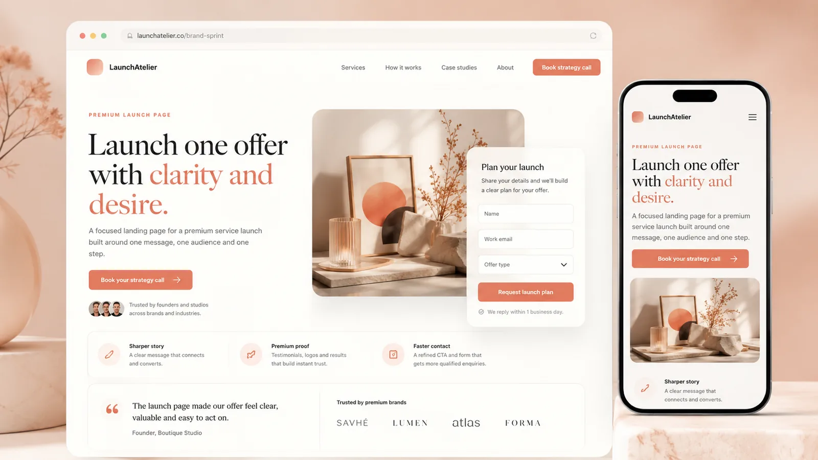 Realistic landing page with offer, form, benefits and FAQ.