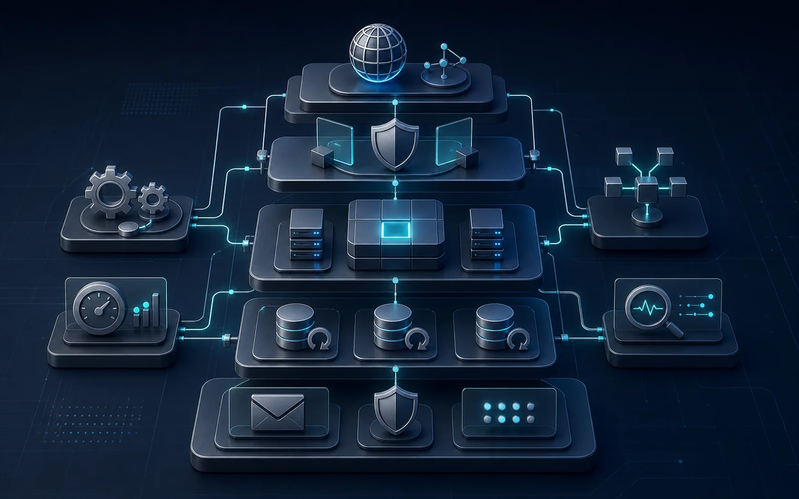 Website infrastructure layers: domain, SSL, app, backups, email and automations